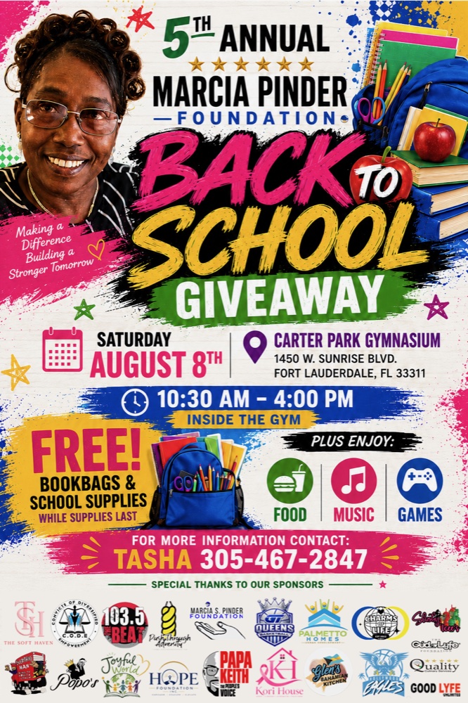 5th Annual Marcia Pinder Foundation Back to School Giveaway flyer
